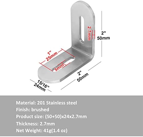 TSSS 16 PCS 50x50mm Adjustable L Shaped Corner Brace Slotted Stainless Steel Slidable Brackets for PC Case Fixing Furniture,Thickness 2.7mm, Max Load 15KG