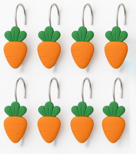 Image of 12‑Pack Resin Carrot Shower Curtain Hooks - Cute Orange & Green Carrot-Shaped Curtain Rings for Bathroom, Kitchen & Nursery Decor