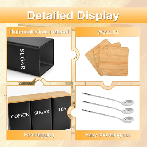 DIBALIYI 3 PCS Tea Coffee Sugar Canisters, Metal Canister Storage Jar Container Set, Food Storage With 3 Spoons, Rust Resistant Powder Coated Iron Caddies for Kitchen Organiser Worktop (Black) - Cosy Home Interiors DIBALIYI 3 PCS Tea Coffee Sugar Canisters, Metal Canister Storage Jar Container Set, Food Storage With 3 Spoons, Rust Resistant Powder Coated Iron Caddies for Kitchen Organiser Worktop (Black) - Image 3
