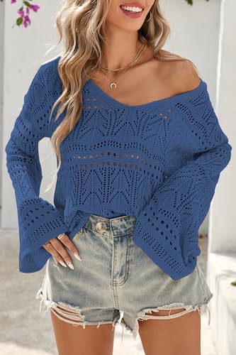 Image of Cakulo Womens Summer Crochet Tops Boho Off Shoulder Sweaters Lightweight V Neck Loose Vacation Resort Wear 2026 Blue S