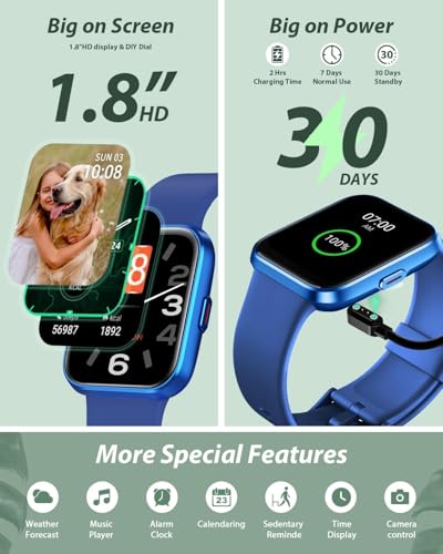 Image of Smart Watch for Women Android & iPhone, Alexa Built-in, 1.8 inch Touch Screen Fitness Tracker with Answer /Make Calls, IP68 Waterproof Heart Rate /Sleep /SpO2 Monitor, Pedometer, 100+ Sport Modes, Dark Blue