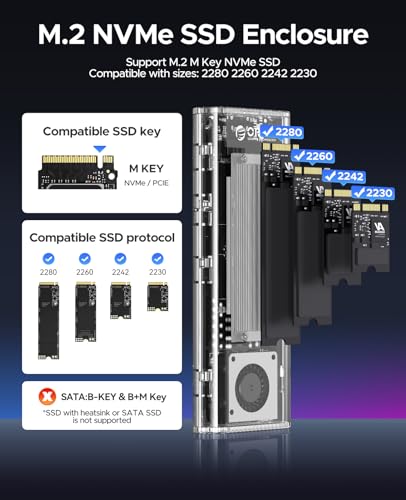 ORICO 40Gbps M.2 NVMe SSD Enclosure with Built-in Cooling Fan, Upgraded Transparent 40Gbps External Hard Drive Enclosure, Support UASP & TRIM, Support 2230 2242 2260 2280(only M key) Silver - Image 2