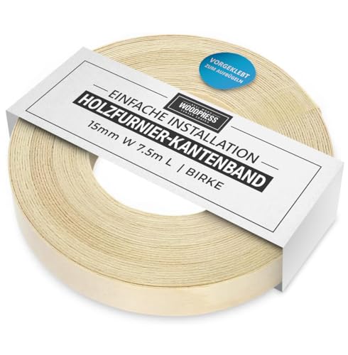 WoodPress® 15 mm Birken-Bügelkante - 7,5 m Rolle - vorgeklebtes Holzfurnierband für einfache DIY-Anwendung - deckt den Rand einer Standard-MDF-Platte ab