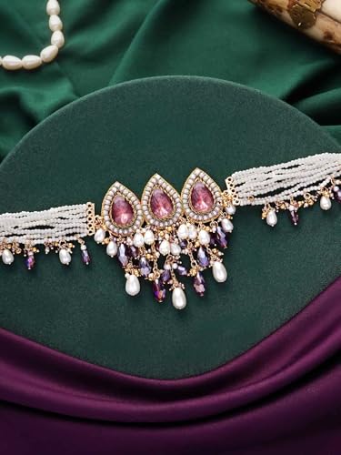 Image of SANJOYA by EVERSTYLISH Embroidered Choker Necklace for Women | Stone, Beads & Pearl Statement Neckpiece | Ethnic Jewelry for Weddings, Festivals & Special Occasions