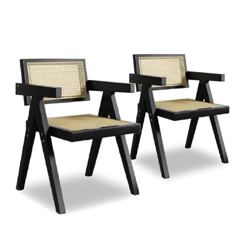 Juego de 2 sillas de Comedor de ratán con cojín de Cuero/ratán, con reposabrazos y diseño en Forma de V Invertida. Sillas de Comedor Estilo rústico Retro Europeo Black Rattan Mat