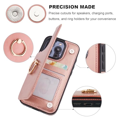 ONETOP for iPhone 15 Pro Wallet Case with Card Holder, 360° Rotation Ring Kickstand RFID Blocking PU Leather Double Magnetic Clasp Shockproof Cover for Women and Girls 6.1 Inch (Rose Gold) by ONETOP - Image 8
