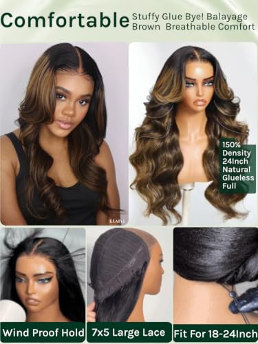 Image of KLAIYI Balayage Brown Body Wave Glueless 7x5 Lace Front Wigs Human Hair 28 inch