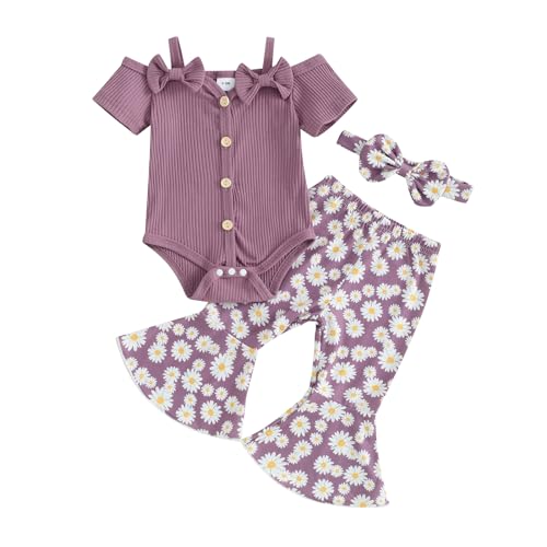 Image of fhutpw Newborn Baby Girl Clothes Rib Frill Long Sleeve Romper Daisy Flared Pants Headband Set 3pcs Fall Winter Outfits