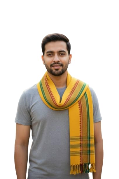 VANDNA INTERNATIONALTRADERS Men’s Traditional Cotton Angavastram– Ethnic Shawl with Dual Border (Yellow with Red & Green Design) | Multipurpose Indian Dupatta for Festivals, Puja Wear.-picture-16