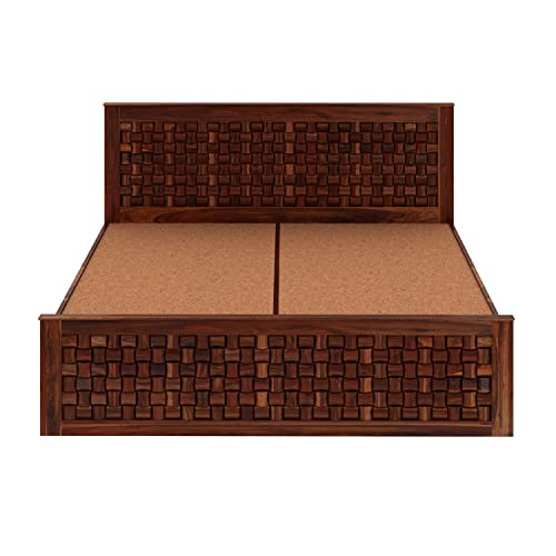 Image of SHRI MINTU'S ART Solid Sheesham Wood Queen Size Bed Without Storage | Wooden Double Bed Cot Bed for Bedroom Furniture | Niwar Patti Design Palang Double Bed for Hotels | Honey Finish