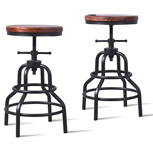 Topower American Antique Industrial Design Metal Adjustable Height Bar Stool Chair Kitchen Dining Breakfast Chair Natural Pinewood Industrial Style (Black 2Pcs) #TOP7