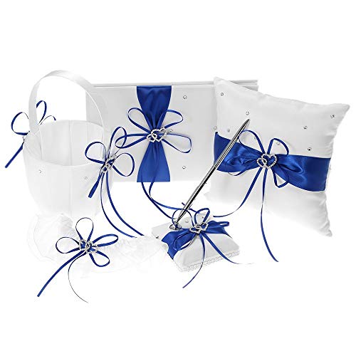 5pcs/Set Wedding Supplies Double Heart Satin Flower Girl Basket + 7 7 inches Ring Bearer Pillow + Guest Book + Pen Holder + Bride Garter Set (Blue)