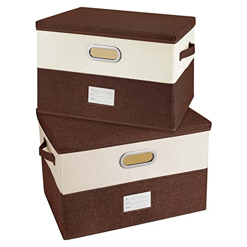 Image of Large Linen Fabric Foldable Storage Bins with Removable Lid and Handles, Washable Storage Box Organizer Containers Baskets Cube with Cover for Bedroom,Office (Coffee&Cream, Medium(2-Pack))