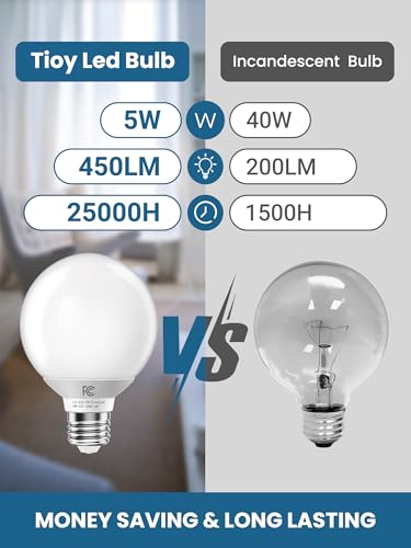 Image of TJOY G25 LED Globe Light Bulbs, Vanity Bulb for Bathroom 40W Equivalent | 5000K Daylight White E26 Base, Round Decorative Bulb for Vanity Makeup Mirror, CRI85+, 450LM, Non-Dimmable, UL, 6 Pack