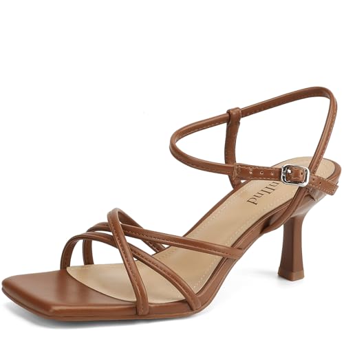 Image of AIUNIIND Kitten Heels for Women, Strappy Square Open Toe Sandals 2.5 inch