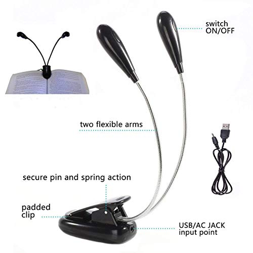 Hiyi Rechargeable Music Stand Light Book Reading Lamp Flexible Eye Care Dimmable Clip Light With Usb Cable Study Light (2 Arms 2 Led Light) #TOP1
