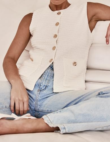 Image of Womens Sleeveless Sweater Vest Button Down Crew Neck Knit Casual Cardigan Tank with Pockets