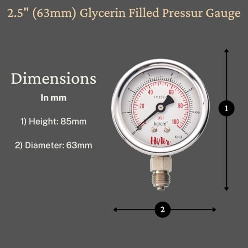 Image of Glycerin Filled Bottom Pressure Gauge 0-7kg /cm2 (0-100psi), 63mm (2.5inch) Dial Size, 1 /4BSP Male Connection, DM (Direct Mounting) Bottom Entry