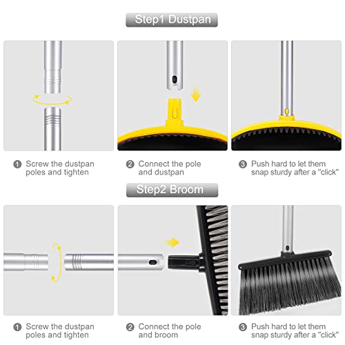 Yocada Broom And Dustpan Set Upgrade 52" Long Handle Upright Stand Up Dustpan With Combo Stiff Bristle Indoor Outdoor Perfect For Home Kitchen Room Office Lobby Floor Pet Hair Rubbish Dark Grey #TOP1