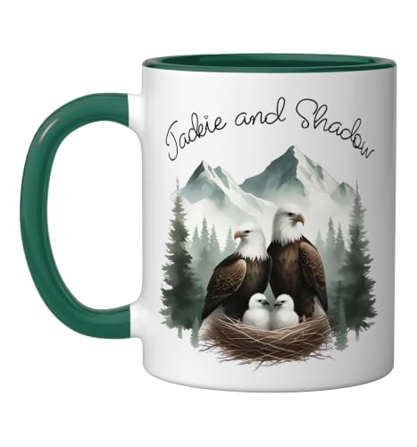 Jackie and Shadow Bald Eagles Family Watercolor Ceramic Mug, Dark Green/White, 11oz by Shadow and Jackie Eagle Fans - Used condition - US$16.41