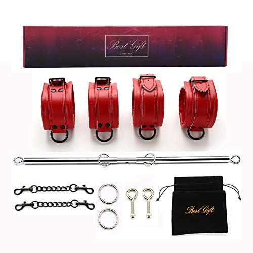 EXREIZST Adjustable 2 Spreader Bar Set with 4 Premium Soft Leather Straps Expandable Home Gyms Sports Training Kit (Silver/Red)