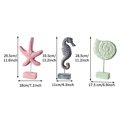 Calidaka 3Pcs Mediterranean Style Wooden Seahorse Sea Star Conch Wood Sculpture Kit Desktop Handcarved Beach Ocean Theme Ornament Figurines Home Decor Gift(Colorful) #TOP2