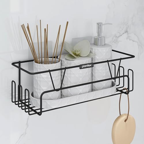 Image of Plantex GI Steel Adhesive Shelf for Bathroom Wall /Self Adhesive Shelf for Kitchen with Side Hooks to Hang Loofah for Bathing /Bathroom Organiser - Black, Powder Coated