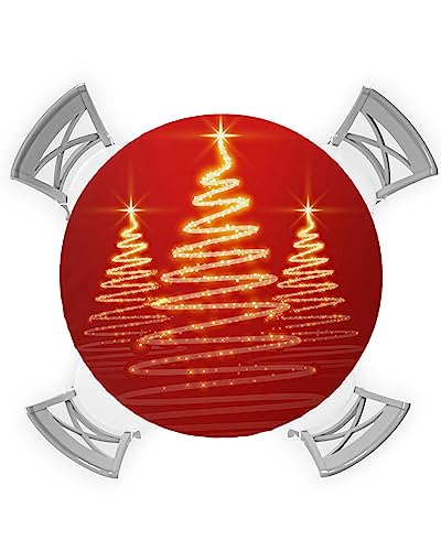 Picnic Round Table Cover Waterproof Round Fitted Tablecloth for 36"-44" Tables Washable Outdoor Patio Table Covers with Elastic, Christmas Golden Christmas Tree Red Table Cloth for Dining Camping Cafe