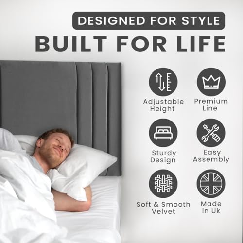 Elixir RIO 3 Divan Bed Headboard | Plush Velvet Fabric Headboards for 4ft6 Double Size Bed | Elegant design with wooden material headboards for beds (Grey, 4ft6 Double Height-20inch) - Image 4