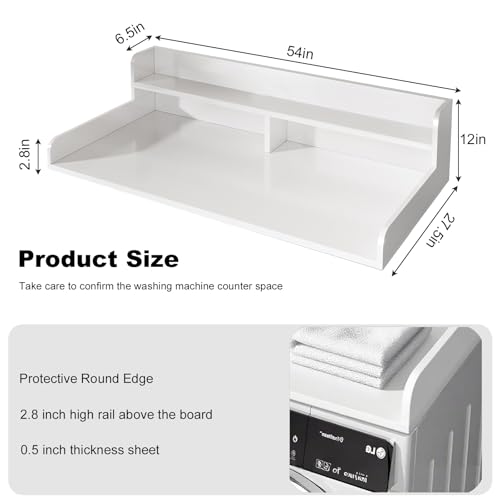 IFIAM 2-Tier Washer Dryer Countertop with 2.8" H Edge Rails, 54" W x 27.5" D Wood Laundry Table for Folding Clothes, Top of Washer and Dryer Organizer Shelf, White by IFIAM - Image 2