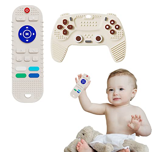 Image of S-SNAIL-OO 2-Pack Baby Teether Toys Silicone Toddler, Sensory Toy Chew Toys Educational, TV Remote Control Shape Teething Toys for Babies 6-18 Months (Beige), 20.0 Count