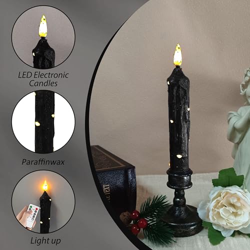 Image of 6.5 Inches Primitive Real Wax LED Flameless Short Candlesticks Hand Dipped Battery Operated Candles with Timer Remote Candles for Halloween Vintage Rustic Home Decor, Pack of 2(Black)