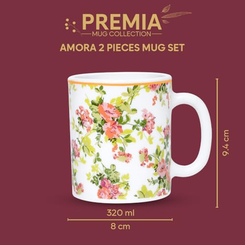 Image of Larah by BOROSIL 320ml x 2pc Opalware Amora Tea /Coffee Mug Set, Microwave & Dishwasher Safe Embossed Design Crockery Ideal for Daily Use & Gifting