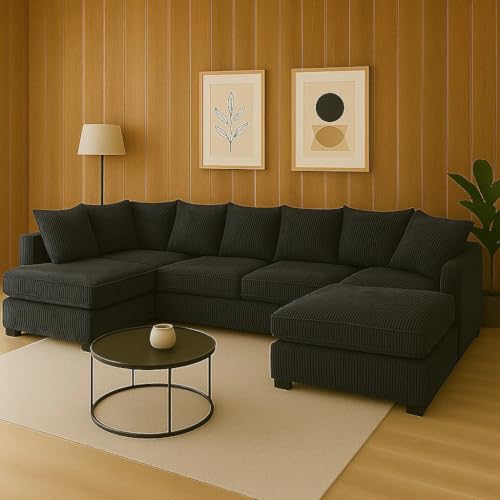 SofaHeaven - Cream Jumbo Cord U-Shaped Cord Sofa - Large Modular Sofa with Memory Foam Seating & Removable Cushion Covers - Seats 6-7 People - Ideal U-Shape for Living Room (Black)
