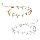 2Pcs Gold & Silver Belly Chain for Women, Shiny Rhinestone Waist Beads, Adjustable Waterproof Gold-Plated Body Jewelry for Party Beach Daily
