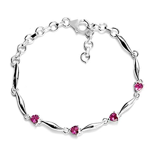 925 Sterling Silver Ruby Love Heart Station Valentines Bracelet for Women Fashion Jewelry 7.25