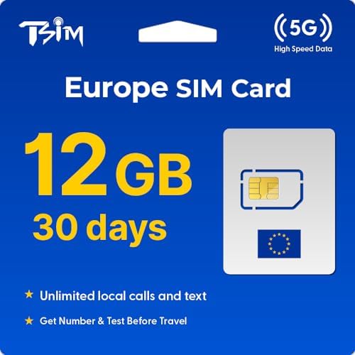 TSIM Carte SIM Europe 30 jours 6 Go Appels et SMS locaux illimités Obtenir le numéro avant