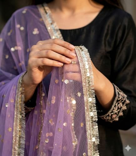Image of Navti Creations Women's Lightweight Net Dupatta With Sequence Embroidery & Kiran Border (Length 2.25m)