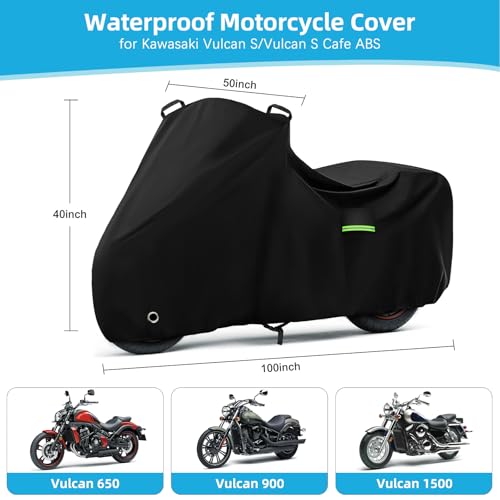 Image of Motorcycle Cover Waterproof for Kawasaki Vulcan S 650 /900 /1500, Heavy Duty Outdoor Sun UV Rain Dust All Weather Protection Motorbike Cover with Soft Cotton Lining & Lock Hole-Black