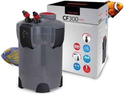 Aquatop 3-Stage 264 GPH Canister Filter with Super Quiet Vortex Easy Prime 55W Power for Up to 75-Gal Includes All Filtration Media CF-300