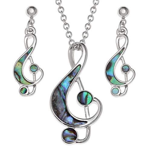 Preisvergleich Produktbild Kiara Jewellery Schmuckset Musiknoten- / Violinschlüssel-Anhänger eingelegt mit blauem grünem Paua-Abalone-Muschel und passendem hypoallergen