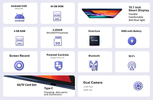 Goodtel 2023 Tablet 10 Inches Android 12 Octa-Core Processor 4 Gb Ram 64 Gb Rom, Smart Ips, Battery 8000 Mah, Camera 5 Mp + 8 Mp, Wifi | Bluetooth | Otg | Type C, Tablet With Pen (Blue) #TOP2
