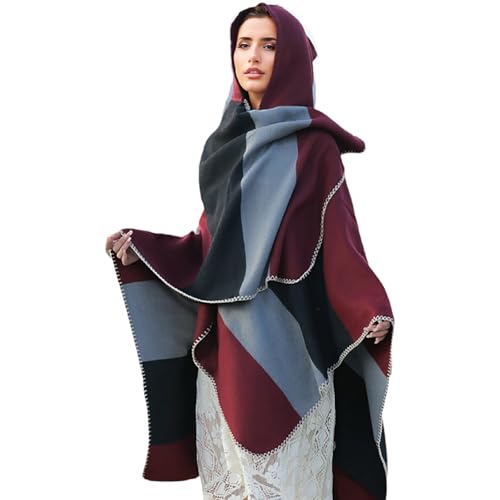JOAU Women's Knit Color Block Hooded Shawl Wraps Open Front Travel Poncho Cape Warm Sweaters Blanket Casual Cardigan Top2