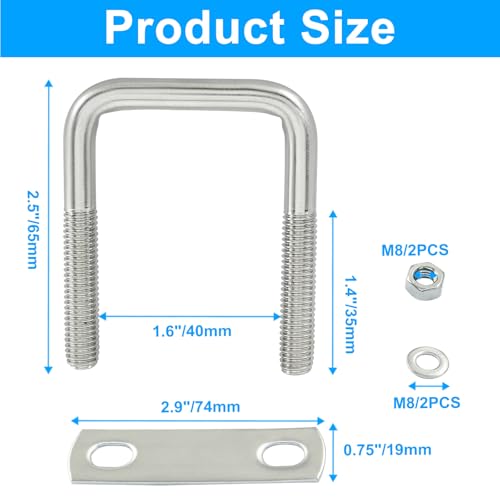 Image of 2 Stainless Steel Square U-Bolts, Inner Width 1.6 inch(40mm), Length 2.5 inch(65mm), M8 304 Stainless Steel with Frame Plates and Nuts for Light Industry, Metallurgy, Construction, Shipping