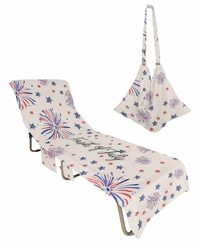 4th of July Beach Chair Towel Covers for Chaise Lounge with Side Pocket, Soft Plush Pool Towels Cover for Patio Sunbathing Outdoor 29''x85'' Independence Day Stripes Stars Flag