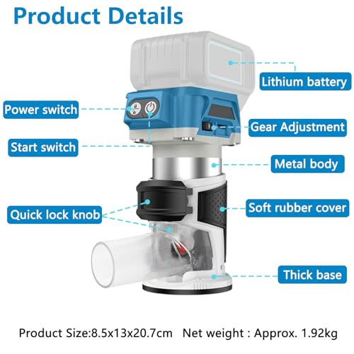 Cordless Palm Router Tool, 6-Speed Hand Wood Router (33000 RPM), Compatible with Makita 18V Battery, Woodworking Tools with 15 Router Bits & 2 Spanners, Battery Not Included - Image 9