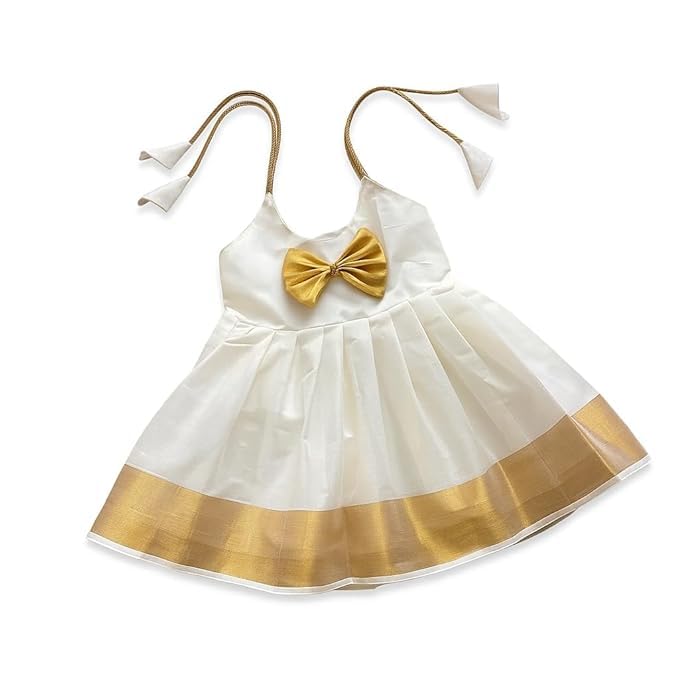 Kerala Style Frock for Girls | White & Golden Cotton Blend Dress with Bow | Ethnic for Diwali, Onam & Durga Puja-picture-12