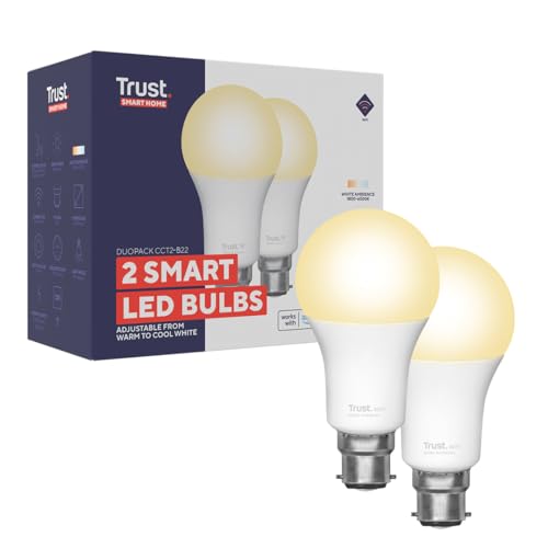 Trust WIFI B22 Bombilla LED, Compatible con Alexa y Google Home, Luz LED Regulable, No Hub, 2.4GHz Bombilla WiFi, Lámpara Luz Blanca de Cálida a Fría – Pack de 2