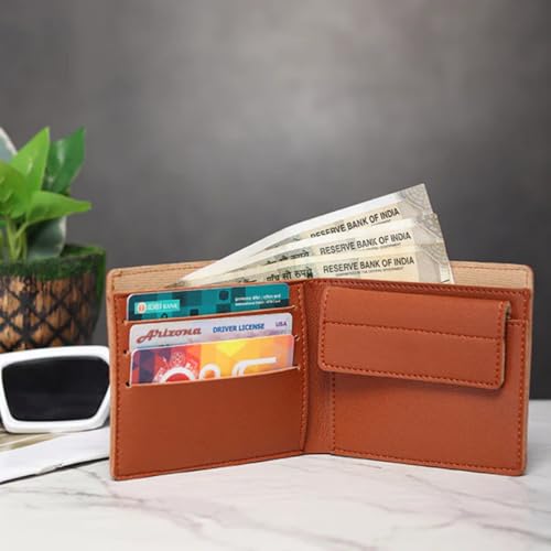 Image of TCG Personalized Name & Charm Imported Leather Mens Wallet | Gifts for Men Husband Boyfriend Employees Clients Colleagues Friend (TAN)