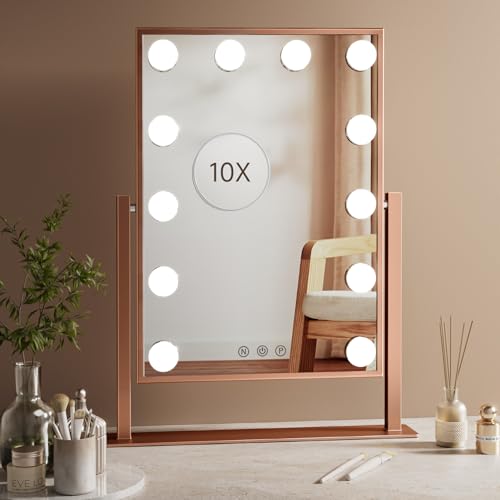 Warmiehomy Hollywood Makeup Mirror with 12 LED Bulbs, 41 * 30CM with 10X Cosmetic Magnifying Mirror, 3 Lighting Modes, USB Power Cord, 360° Rotation Tabletop Lighted Mirror (Rose Gold)